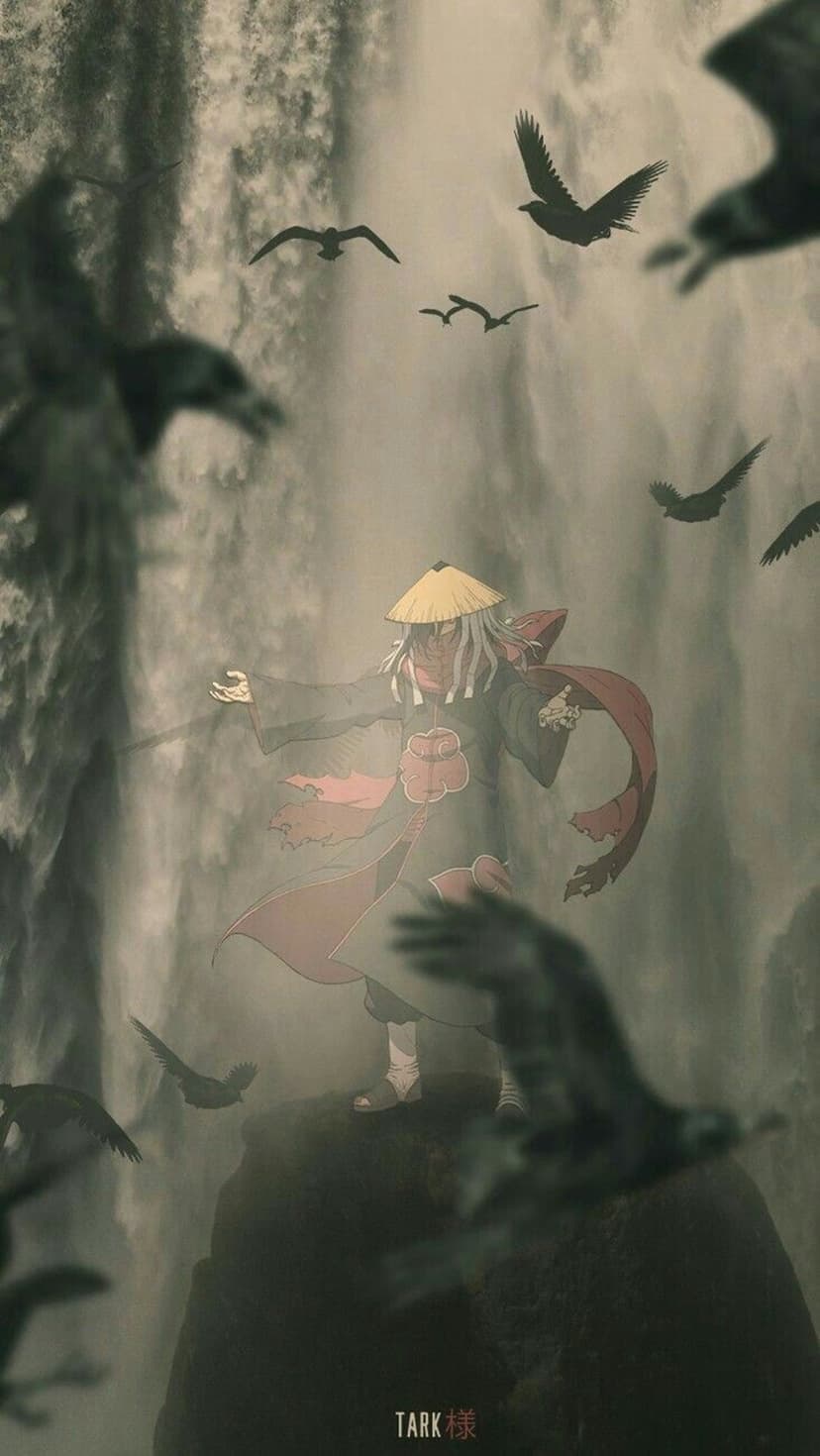 Akatsuki shinobi in a cloud cloak and straw hat stands on rocks near a waterfall with flying crows.