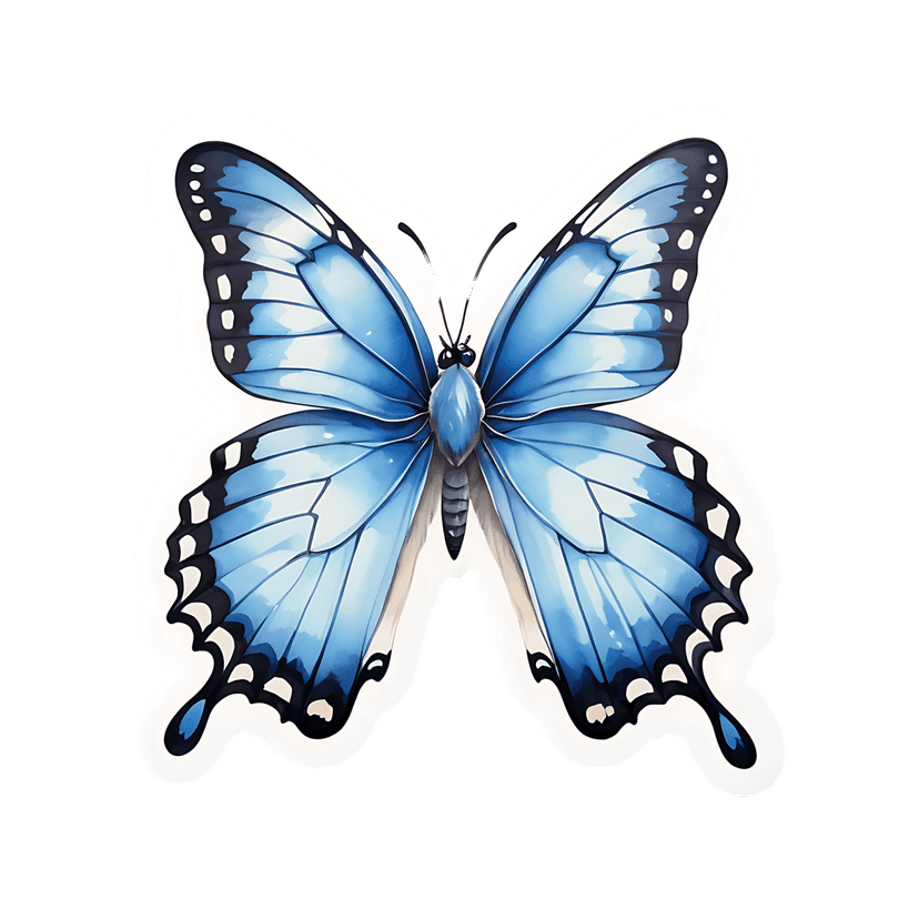 Blue butterfly sticker with gradient wings and glossy finish shown from a top-down frontal symmetrical perspective.