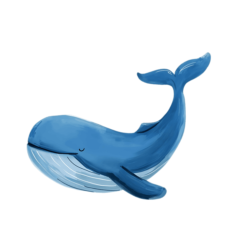 Blue whale illustration featuring watercolor textures, curved flukes, and white baleen lines on a black background.