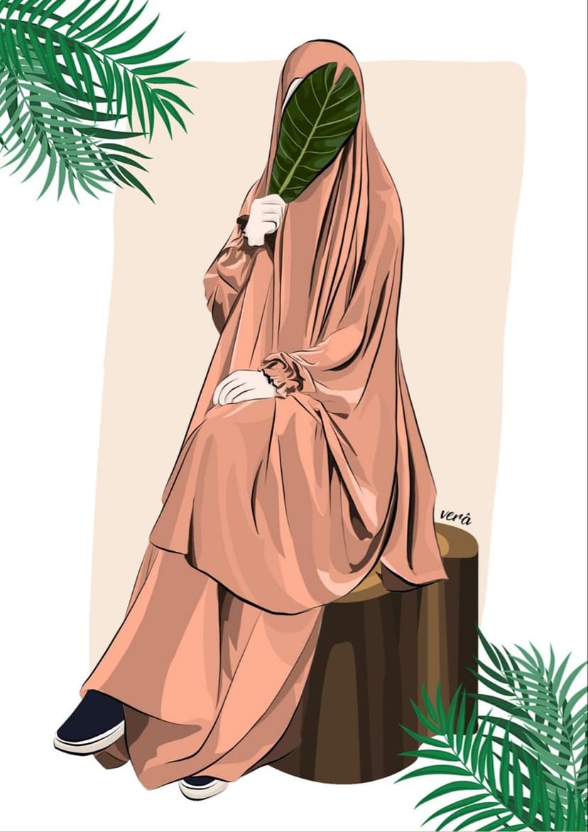 Muslim woman in a peach hijab sits on a log holding a large green leaf against a background of palm fronds.