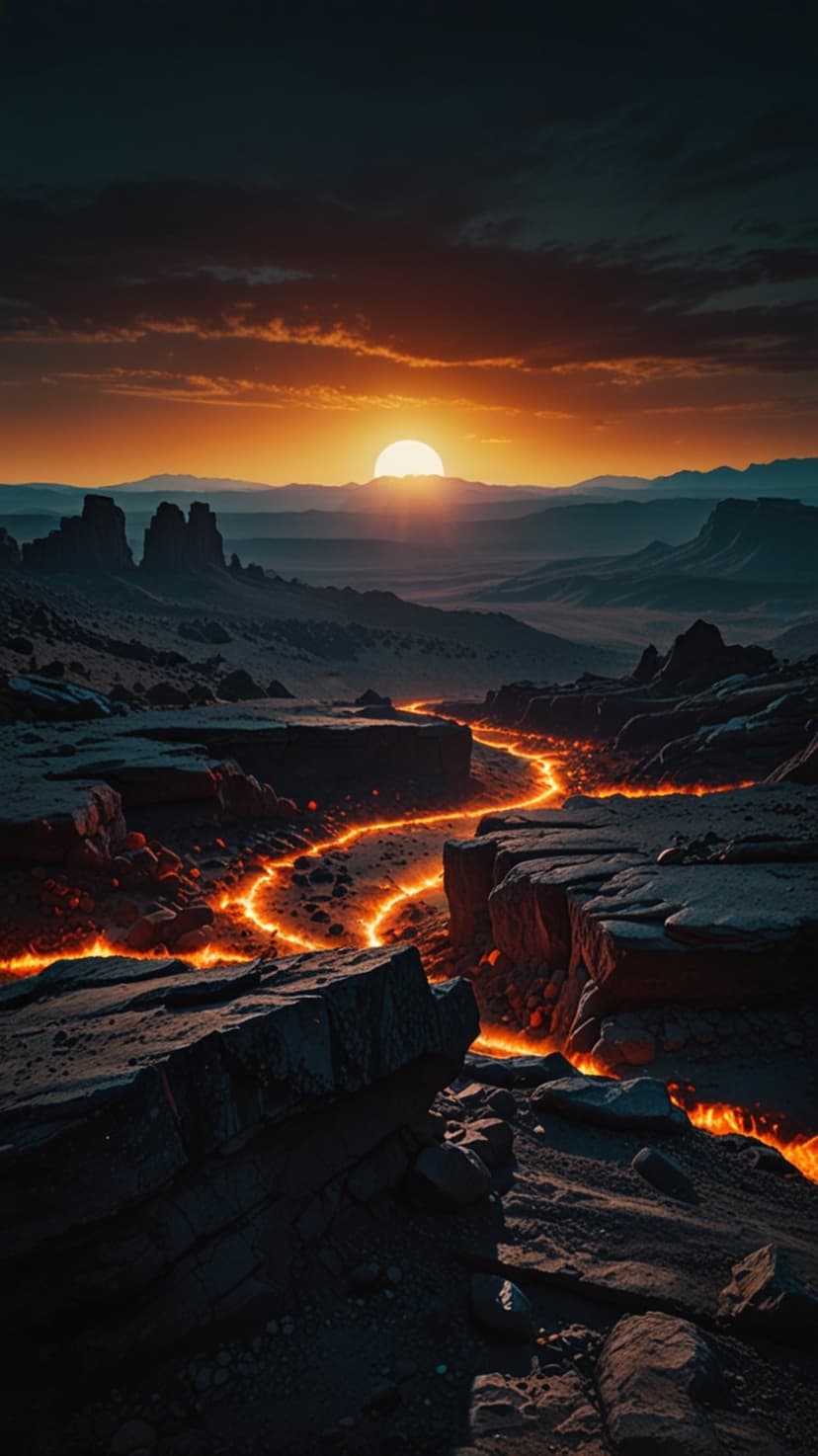 Glowing orange lava river winding through a rocky desert canyon under a purple sunset sky with distant mountains.