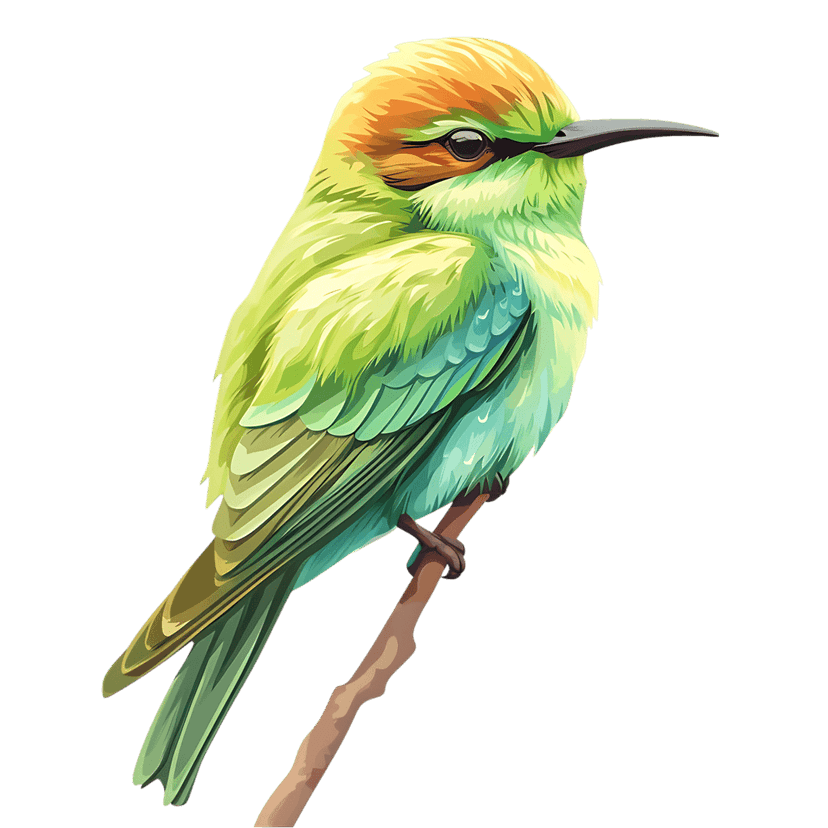 Green bee eater bird perches on a brown branch showing detailed green yellow feathers and a sharp dark beak.