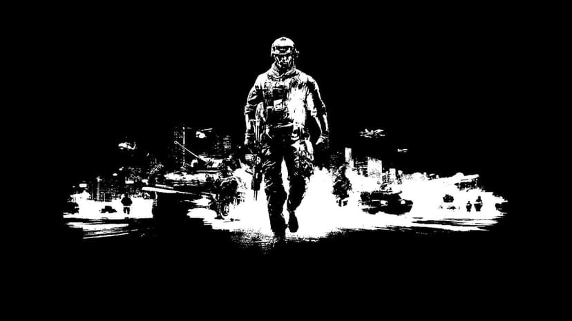 Soldier in tactical gear walking through an urban warzone with tanks and helicopters in black and white.
