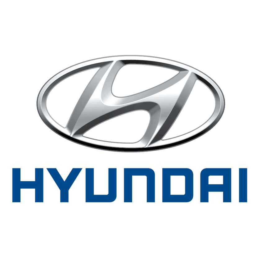 Hyundai automotive logo featuring a silver 3D slanted H inside an oval frame with realistic metallic reflections.