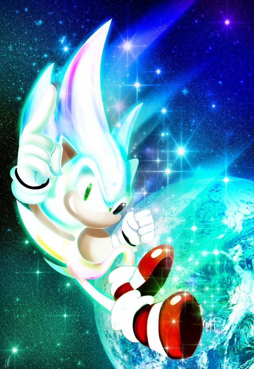 Hyper Sonic glowing with rainbow light in space above a blue planet, surrounded by stars and lens flares.