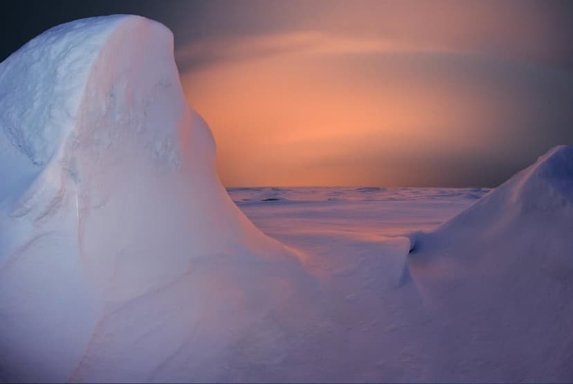 Wind-carved snow drifts on a frozen arctic plain glow with orange and pink light under a soft twilight sky.