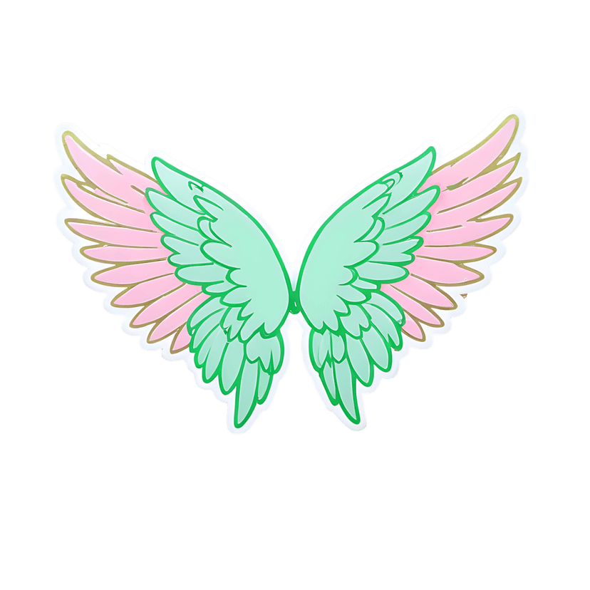 Symmetrical angel wings sticker featuring pastel pink and mint green layered feathers with gold metallic outlines.