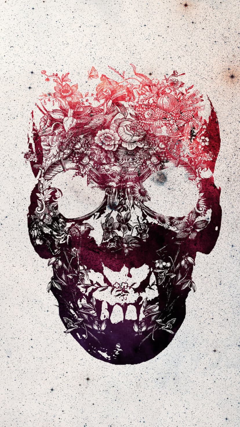 Human skull covered in red and purple floral arrangements against a dark starry sky for a vertical display.