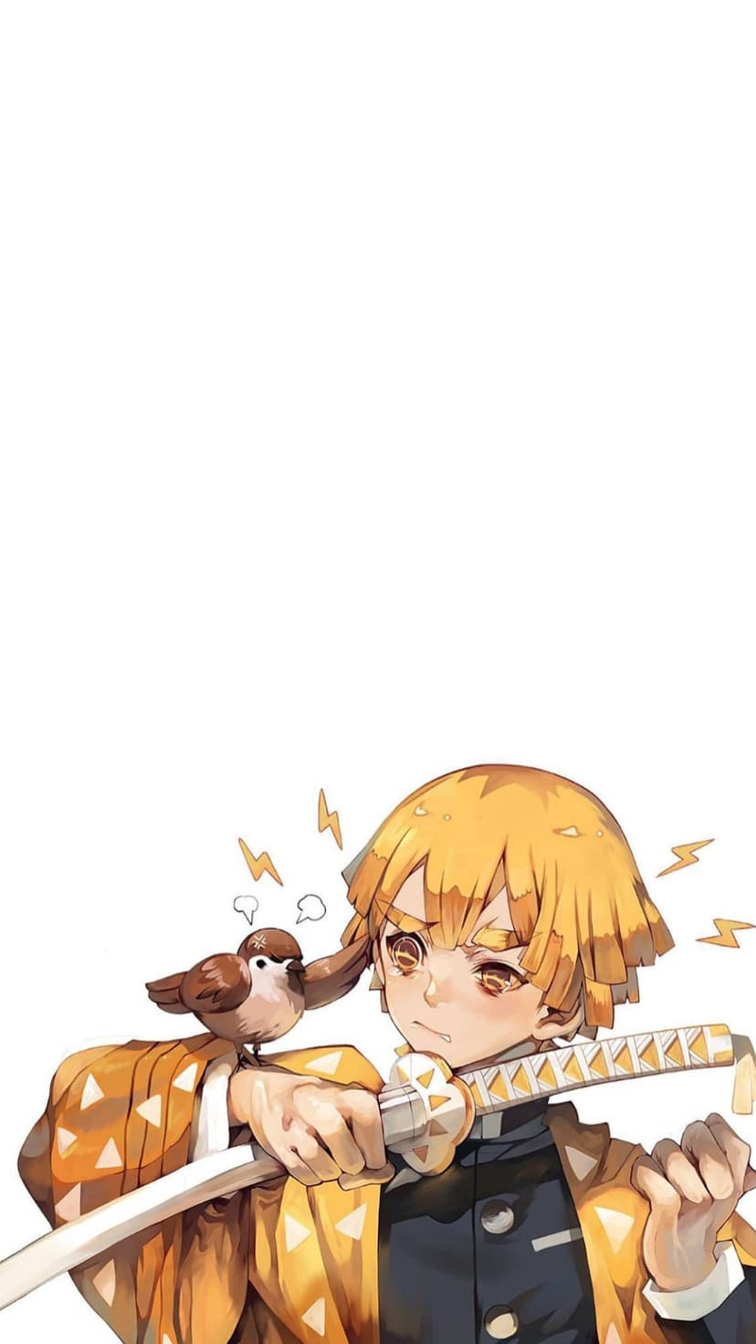 Zenitsu Agatsuma grips his katana hilt as a small bird rests on his shoulder amidst yellow lightning sparks.