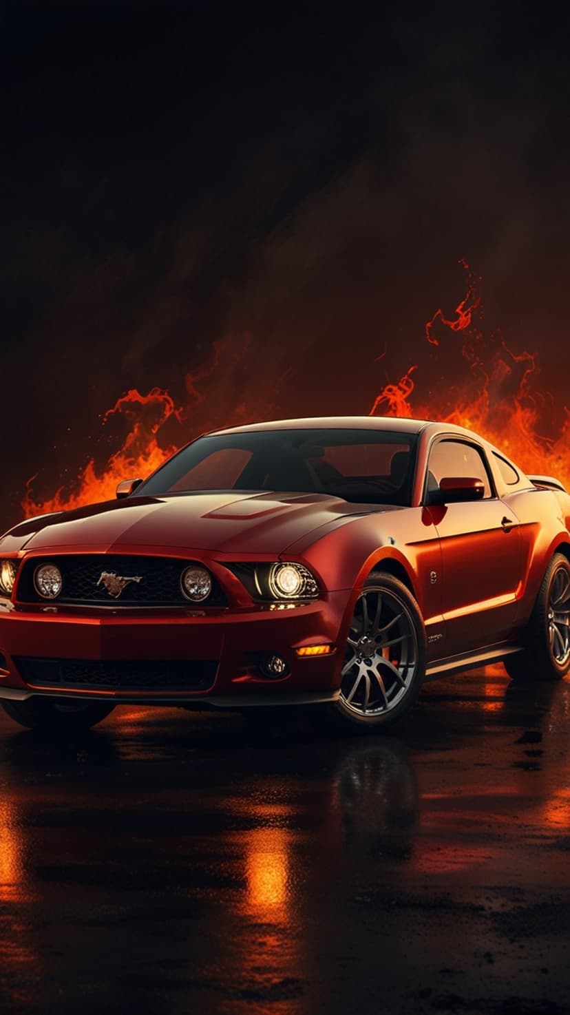 Red Ford Mustang GT parked on wet asphalt with towering orange flames reflecting in its glossy car exterior.