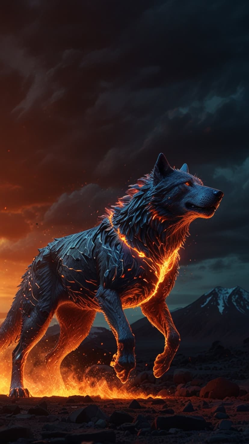 Glowing orange wolf with flaming fur standing on dark rocks beneath a fiery sky and distant snowy mountains.