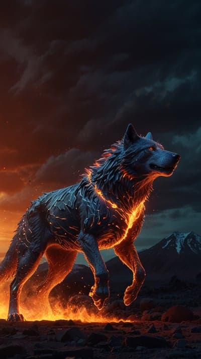 Fiery wolf on rocky terrain under a dramatic sky