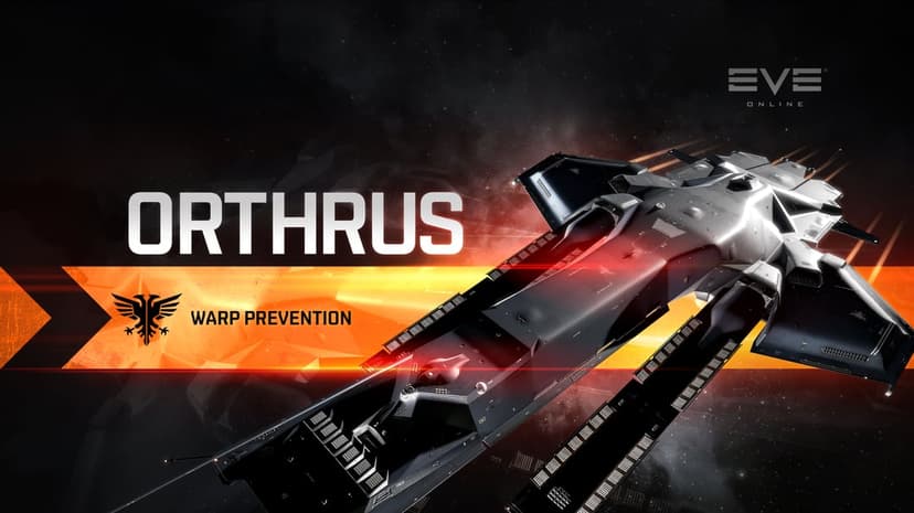 Sleek gray Orthrus spaceship angled across dark space with orange nebular glow and tactical text overlays.