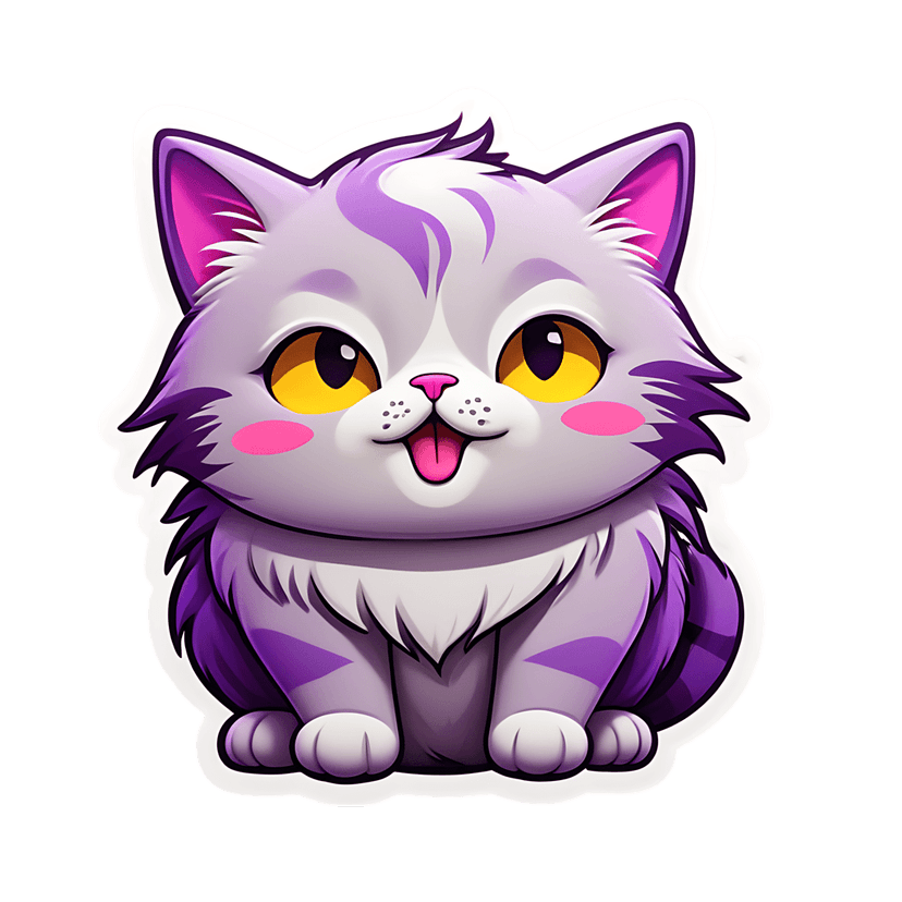 Lavender kitten sticker with purple stripes and yellow eyes features a glossy front pose on a white outline.
