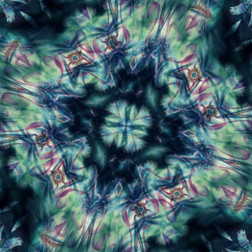 Teal and purple mandala with floral motifs and star-like accents forms a symmetrical, swirling geometric pattern.