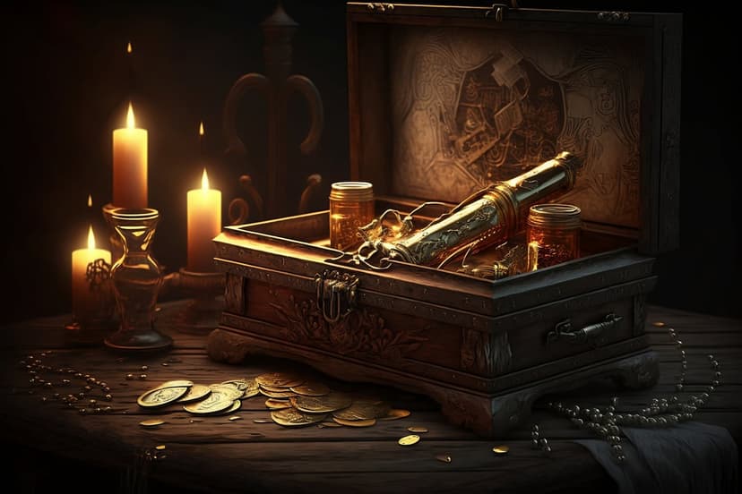Wooden treasure chest filled with a brass spyglass and gold coins, illuminated by three glowing candles on a table.