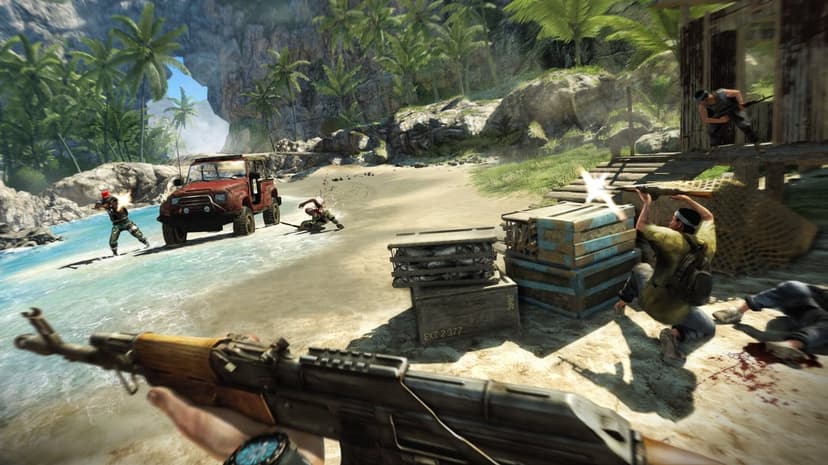 First-person perspective of an AK rifle during a beach gunfight with soldiers, palm trees, and a red jeep.