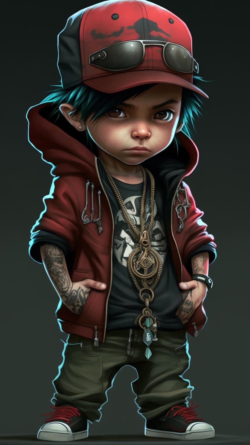 Young boy in a red hoodie and cap with arm tattoos and a gold chain stands in a confident hip-hop pose.