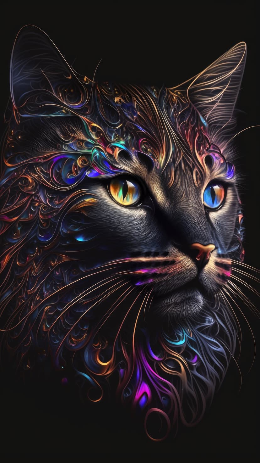 Black cat with one yellow eye and one blue eye features swirling neon fur patterns against a dark background.