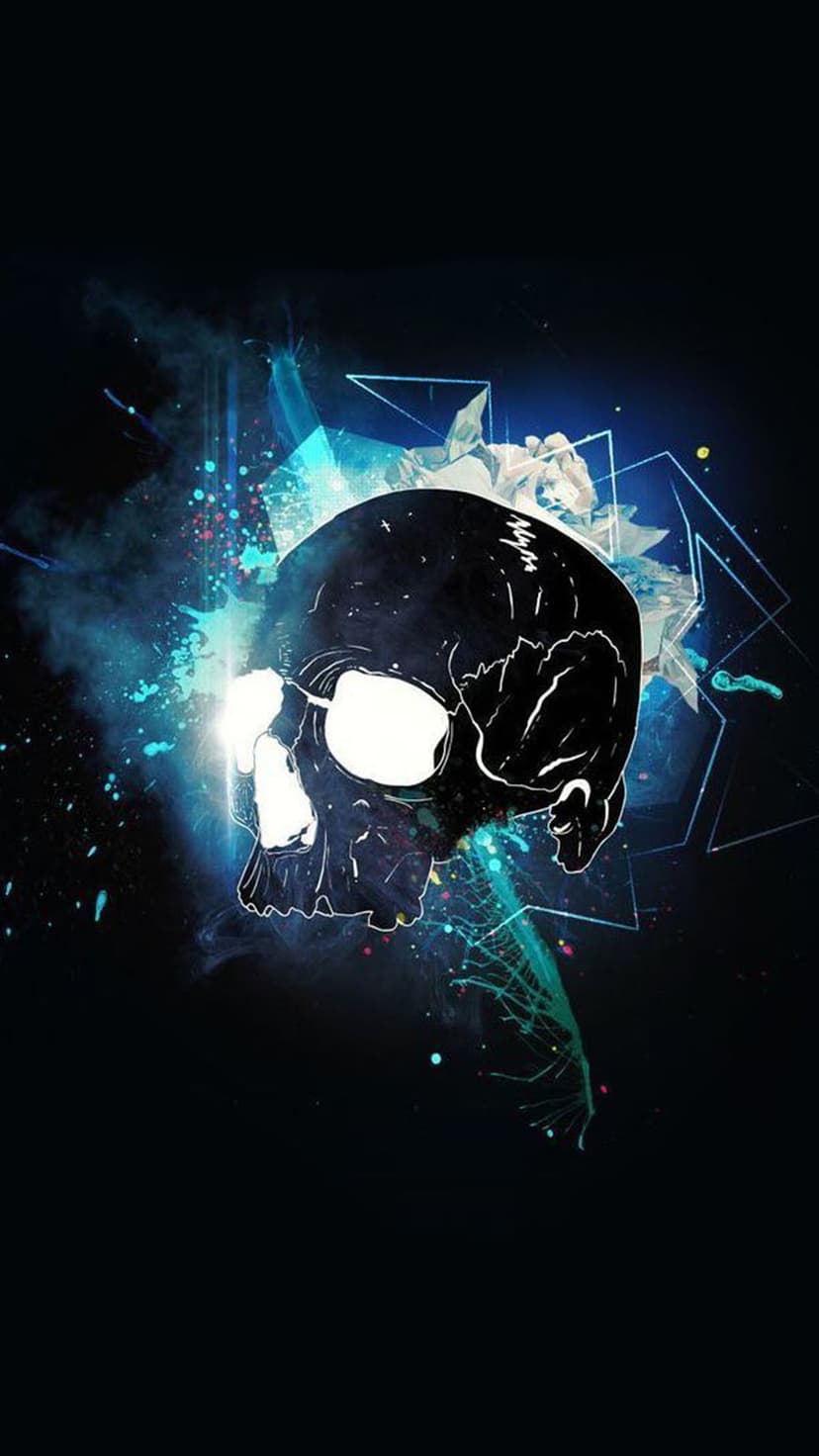 Human skull with glowing eyes surrounded by neon blue and green paint splashes against a black background.