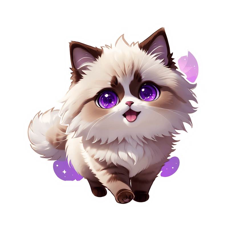 Bicolor kitten sticker illustration with purple eyes and a pink nose walking forward on a white background.