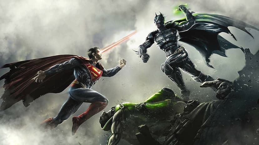 Superman and Batman fighting in a smoky battlefield with glowing heat vision and kryptonite weapons.