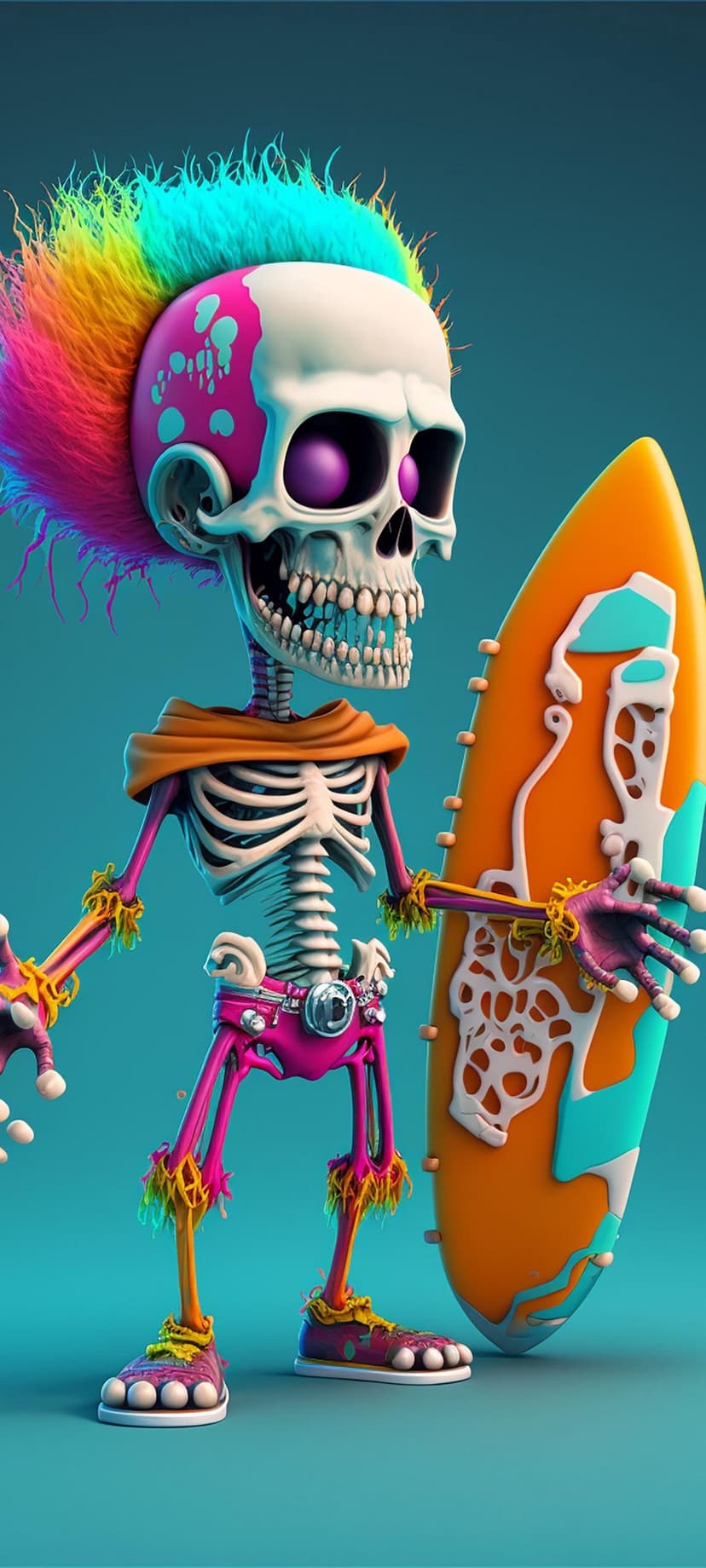 Punk skeleton with a rainbow mohawk and pink vest holding an orange surfboard against a solid teal background.