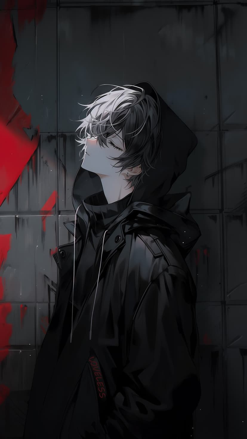 Young man with messy hair and closed eyes leans against a textured wall covered in red paint splatters.