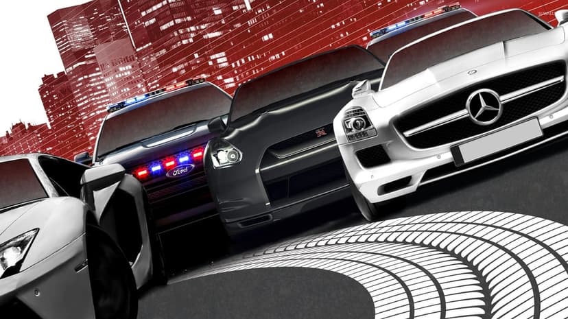 Mercedes, Nissan, and Ford police cars racing through a red city with graphic tire tracks on the road.