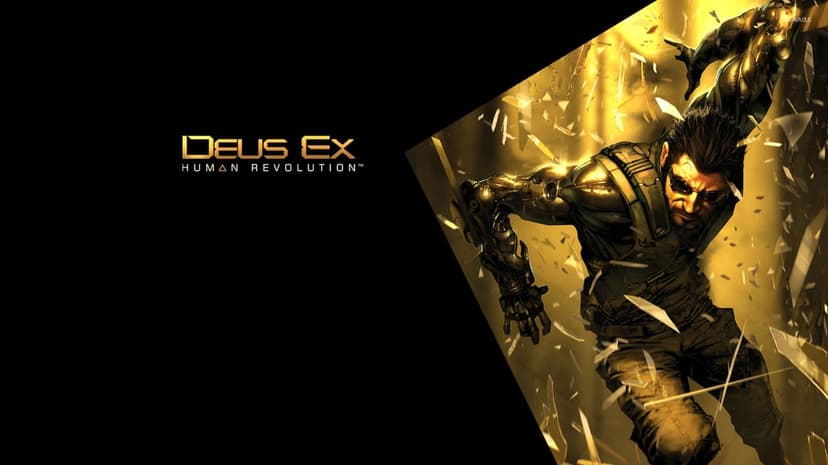 Adam Jensen with bionic arms shatters glass in a golden glow next to the Deus Ex Human Revolution logo.