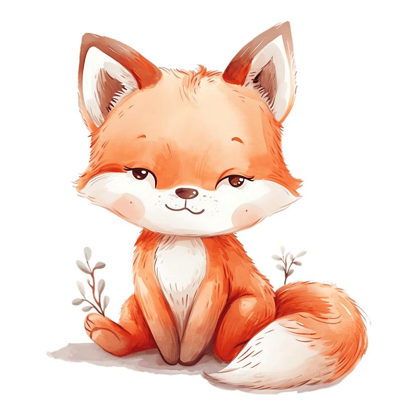 Baby fox watercolor illustration sits amidst green leafy plants featuring soft orange fur and dark expressive eyes.