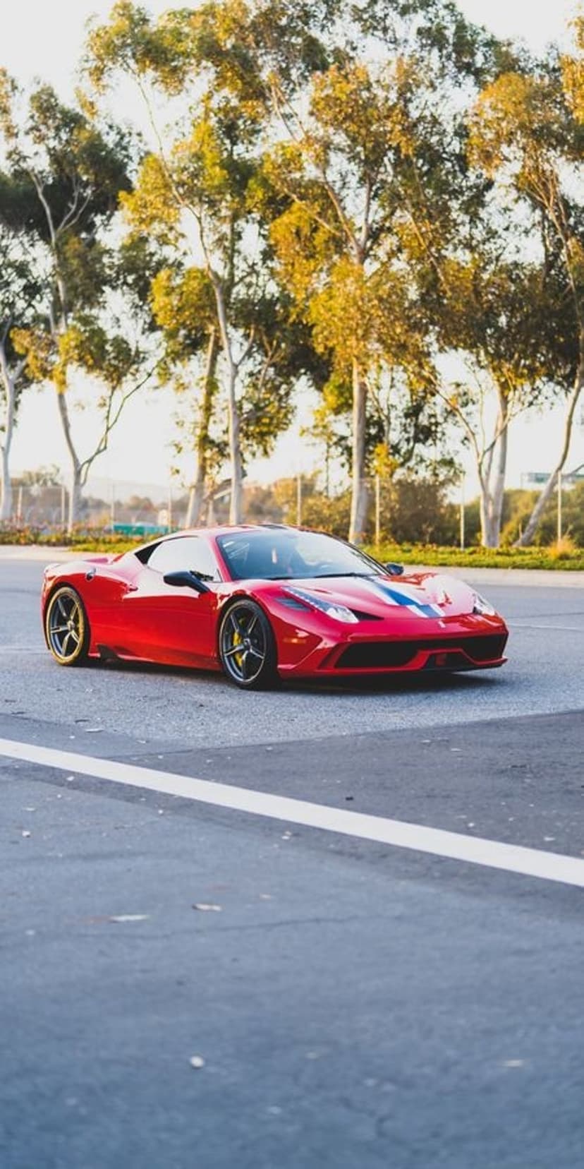 Red Ferrari 458 Italia with blue stripes sits on asphalt near sunlit trees under warm afternoon light.