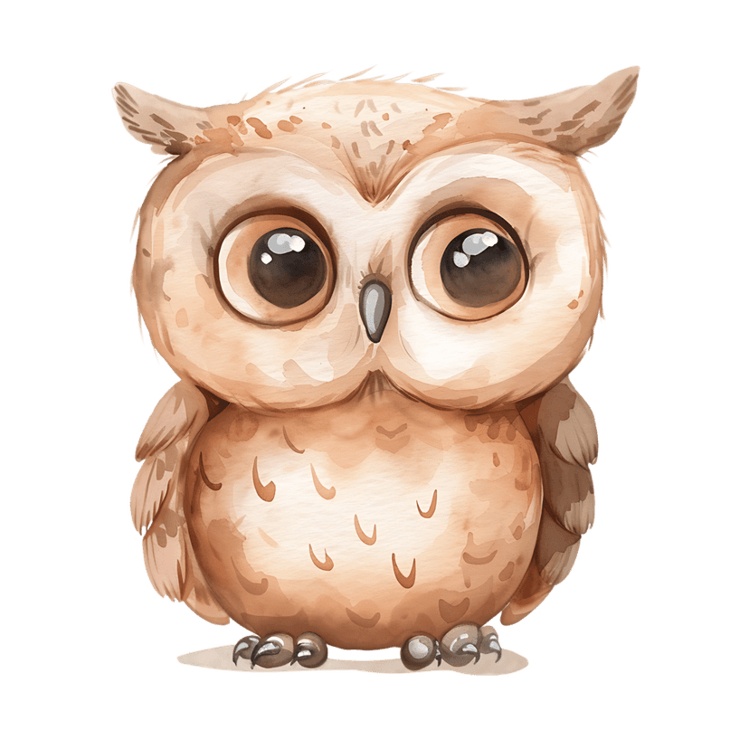watercolor owl with large brown eyes and tufted ears sits front-facing with soft beige and brown feathers.