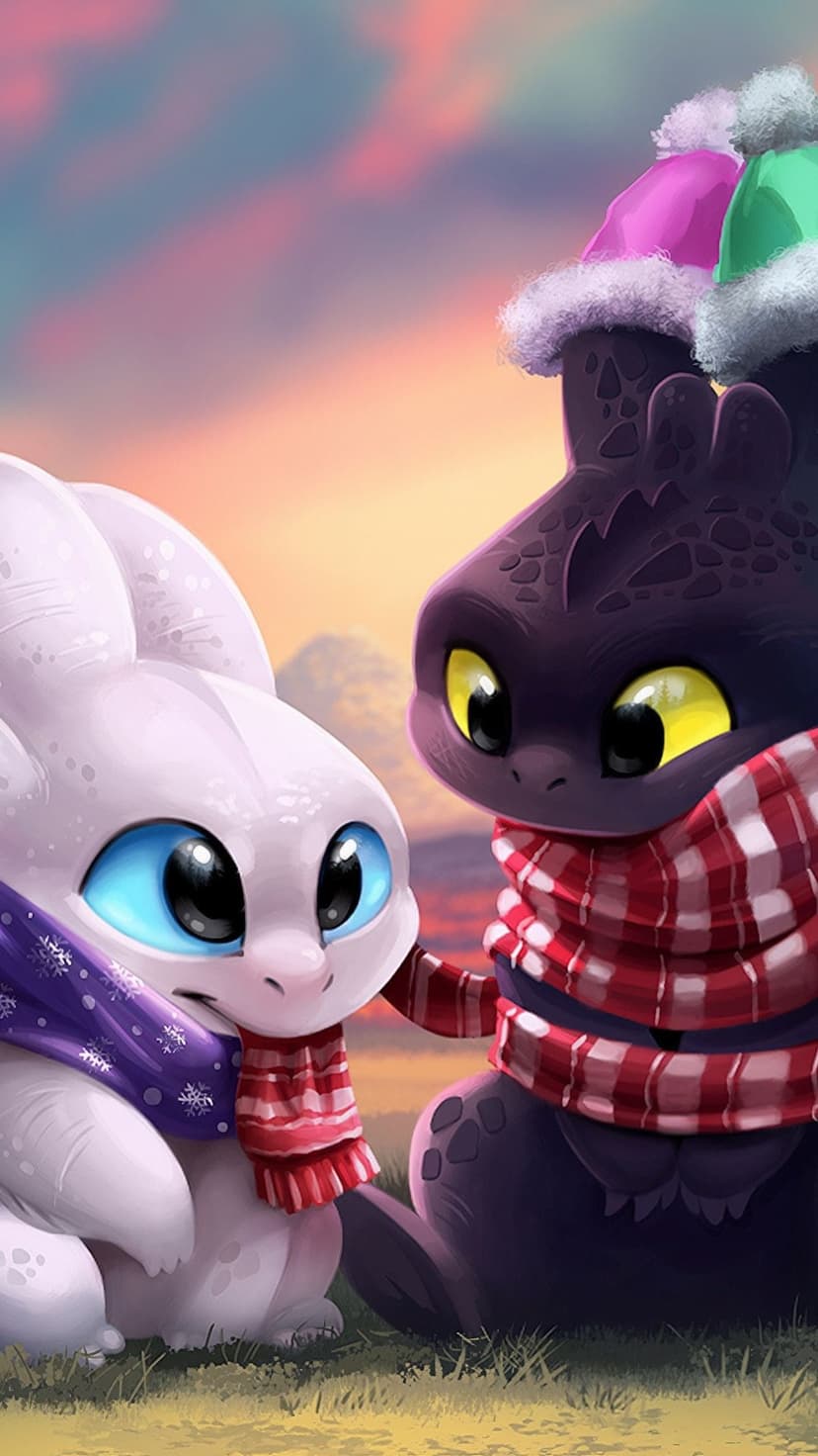 Toothless and Light Fury wearing knitted scarves and hats huddle together against a glowing orange sunset sky.