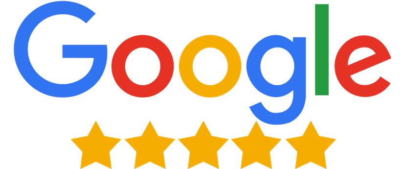 Google logo five star rating features the multicolored letter G followed by five aligned gold star shapes.