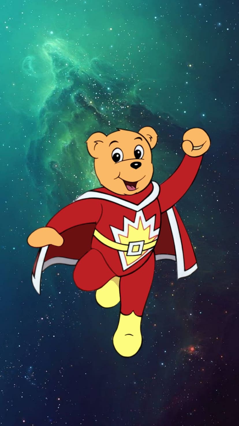 Orange bear in red superhero gear flying through an emerald cosmic nebula surrounded by shimmering distant stars.