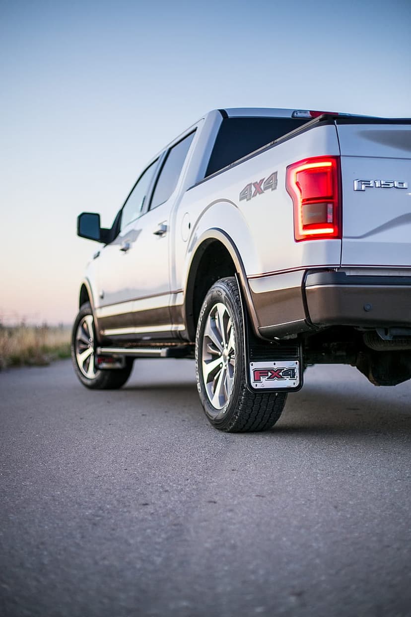 Silver Ford F-150 FX4 pickup truck with chrome wheels and red taillights on a paved road during sunset.