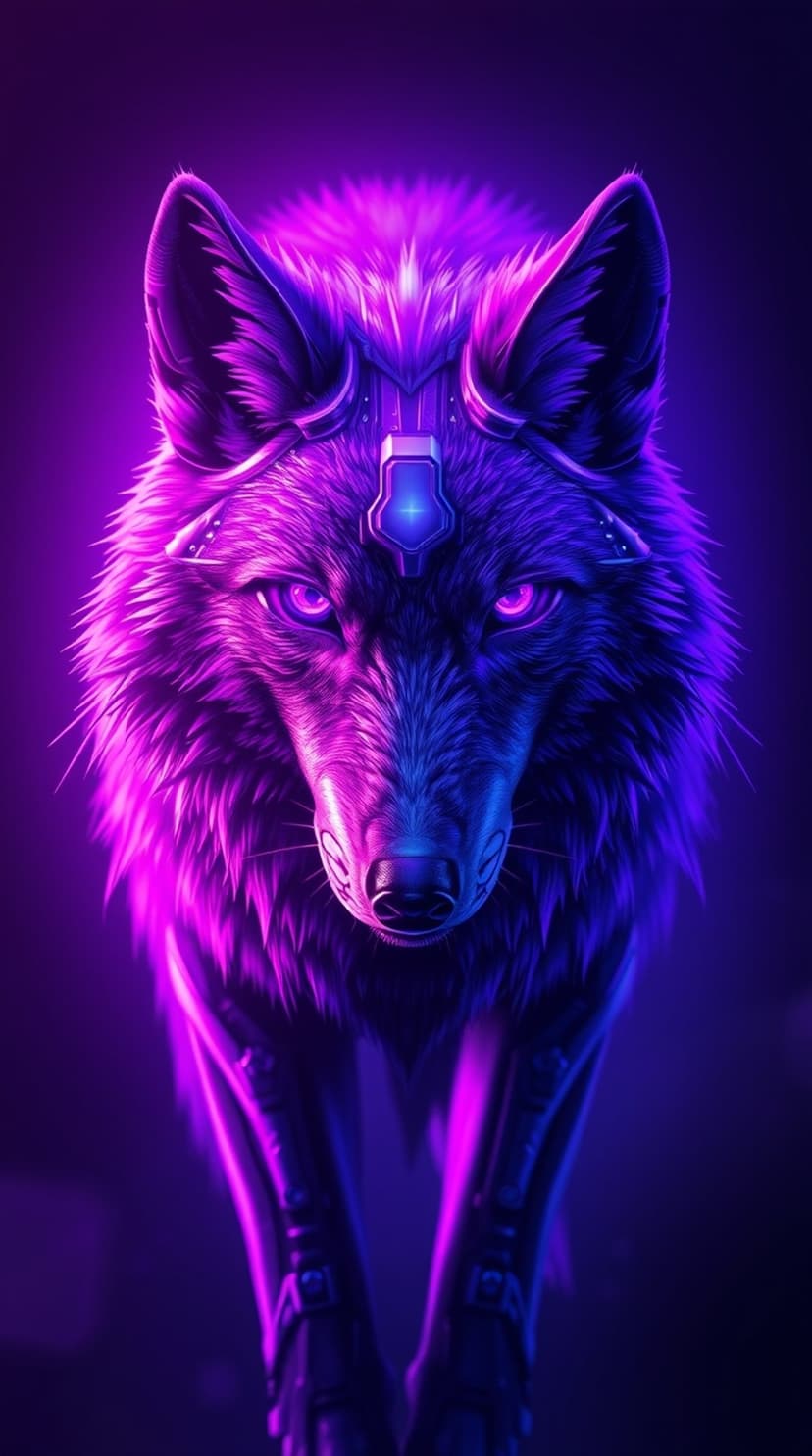 Cybernetic wolf with glowing purple eyes and blue mechanical plating standing against a dark, shadowy void.
