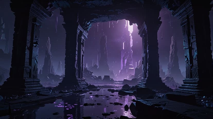 Ancient stone pillars glow with purple light amidst misty water and jagged rocks in a vertical landscape.