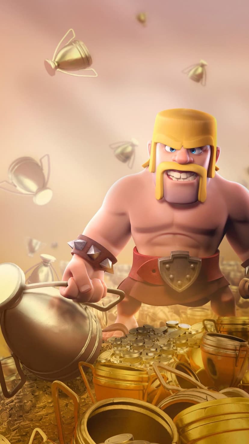 Barbarian character with yellow hair and mustache standing over a pile of gold coins and trophies.