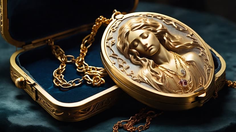 Gold oval locket with a woman's bas-relief portrait, blue interior, and ornate chain on a neutral background.