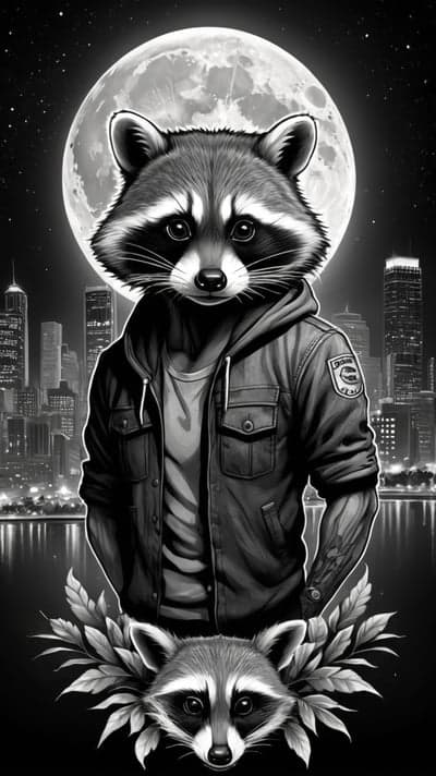 Urban Raccoon in Streetwear Under a Moonlit City Sky