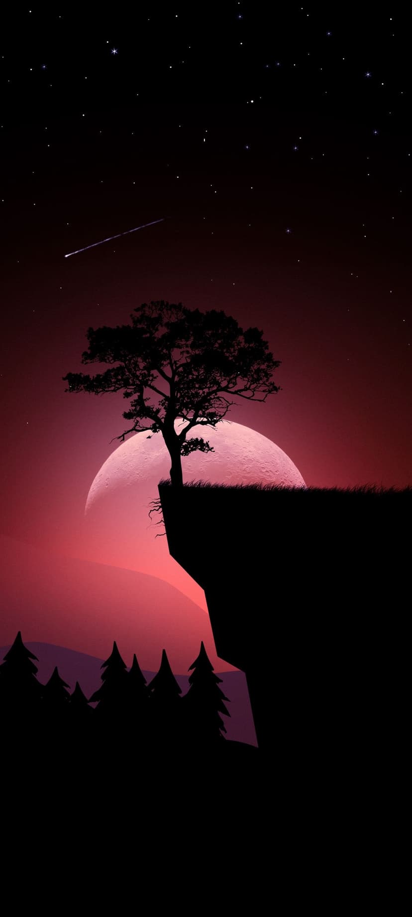 Lone tree silhouette on a cliff edge before a giant pink moon and a bright meteor streaking across a starry sky.