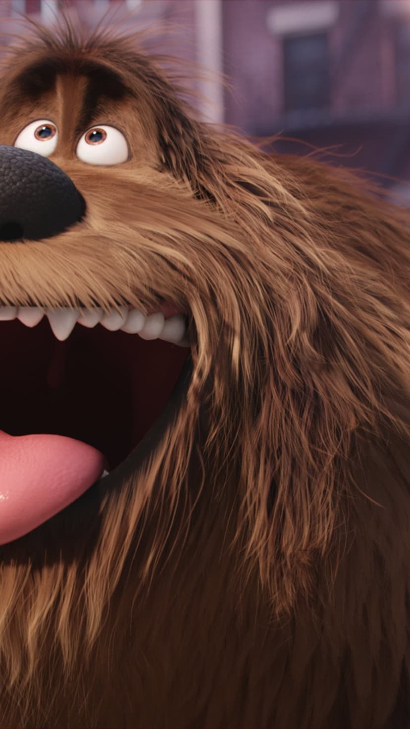 Fluffy brown dog looks upward with an open mouth, pink tongue, and expressive amber eyes in a close-up view.