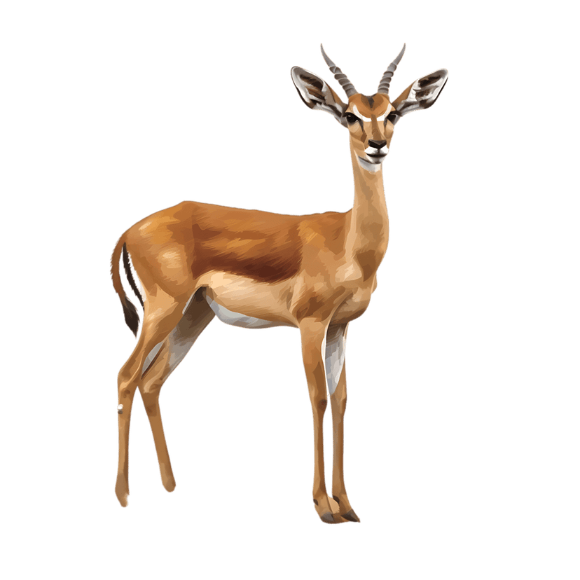 Gazelle standing in a realistic digital illustration with pointed horns and brown fur on a black background.
