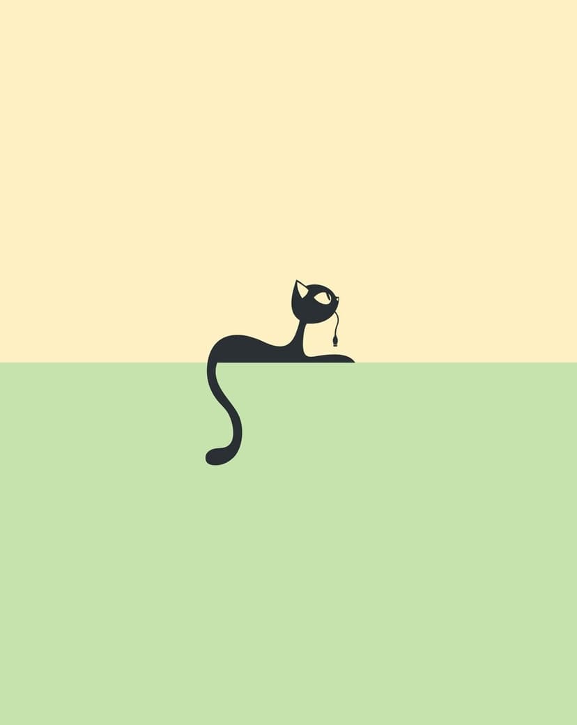 Black cat sitting on a green surface with its tail hanging down against a pale yellow and lime background.