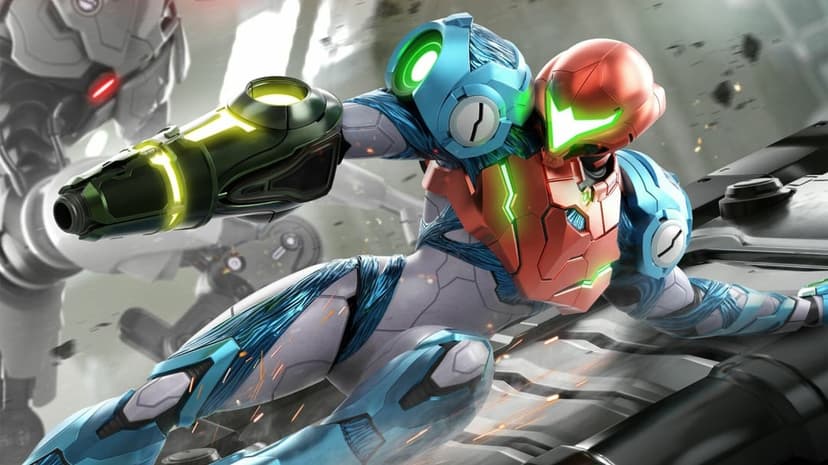 Samus Aran in her blue and white Dread suit slides across a metallic floor while aiming a glowing arm cannon.