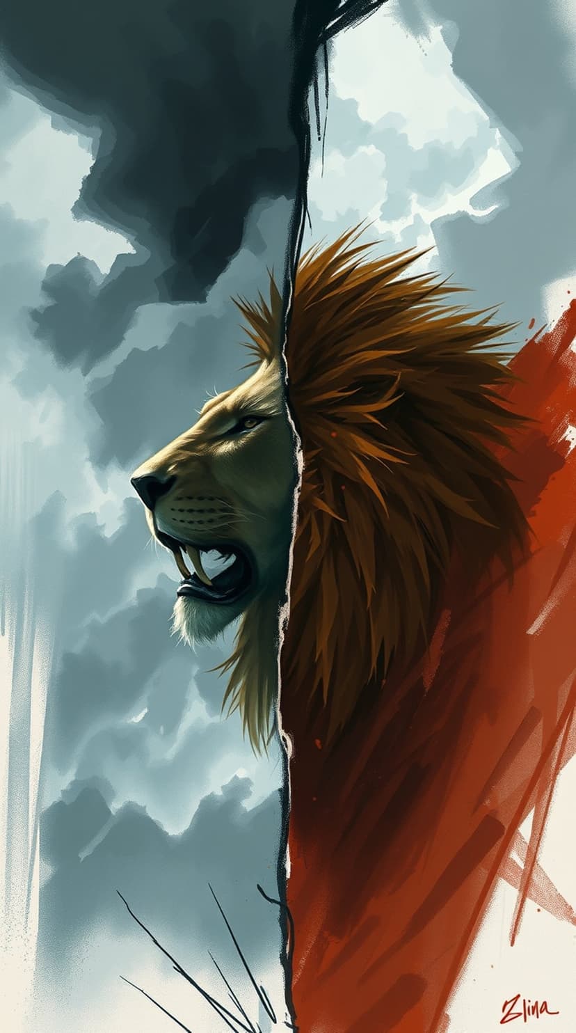 Roaring lion profile with a mane transitioning into thick red brushstrokes against a dark cloudy sky background.