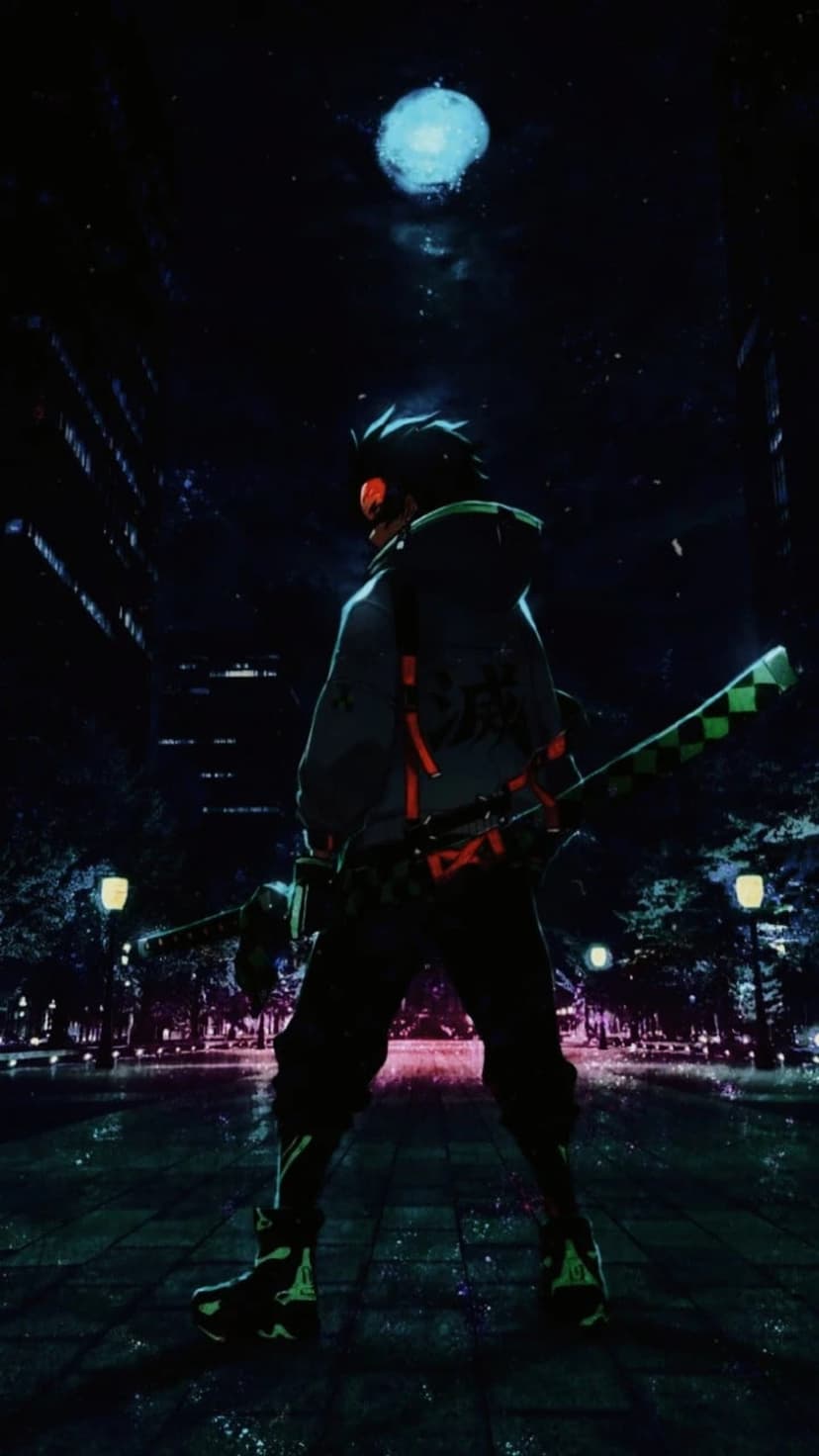 Masked warrior with glowing goggles holds a katana in a dark city street beneath a bright full moon at night.