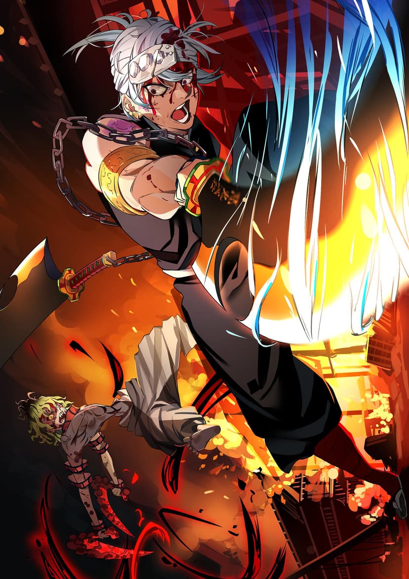 Bloodied warrior with a chain weapon unleashes fire over a defeated green-haired opponent in a glowing cavern.